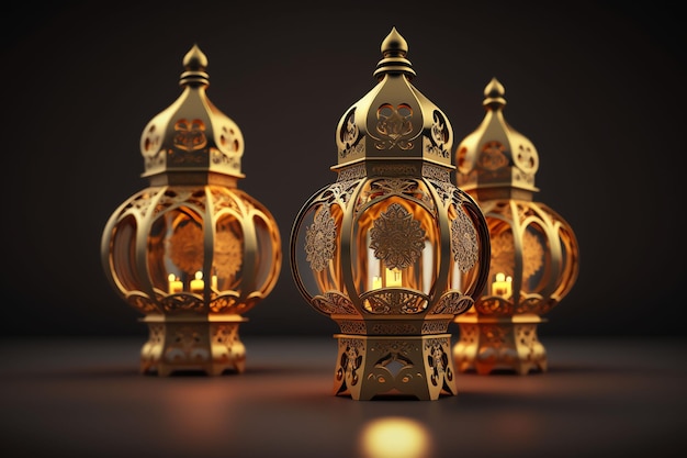 Een lantaarn met de lichten aan en het woord ramadan erop