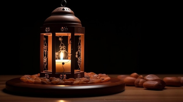 Een lantaarn met een kaars erop brandt in het donkere Ramadan Mubarak en eid Mubarak concept