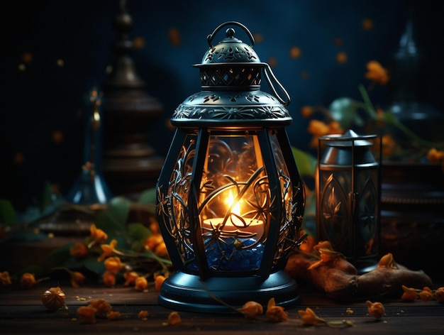 Een lantaarn met een kaars erop voor een donkere achtergrond Decoratieve Arabische lantaarn met branden