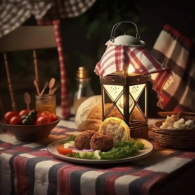 Een lantaarn met een lampje erop staat op een tafel met een bord eten en een bord eten erop.