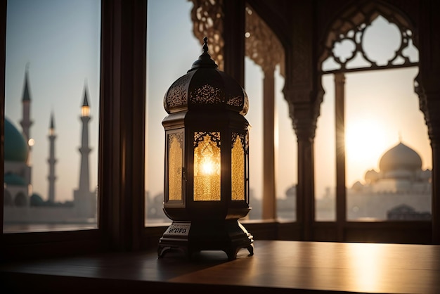 Een lantaarn met het licht dat door het raam schijnt, de mondiale verlichtingsmoskee op de achtergrond