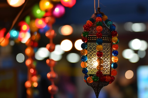 een lantaarn met kleurrijke kralen die eraan hangen, hangt aan een touwtje