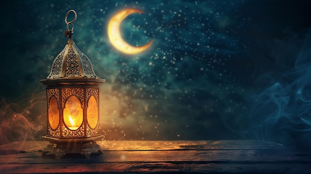 Een lantaarn met rook en een halve maan op de achtergrond