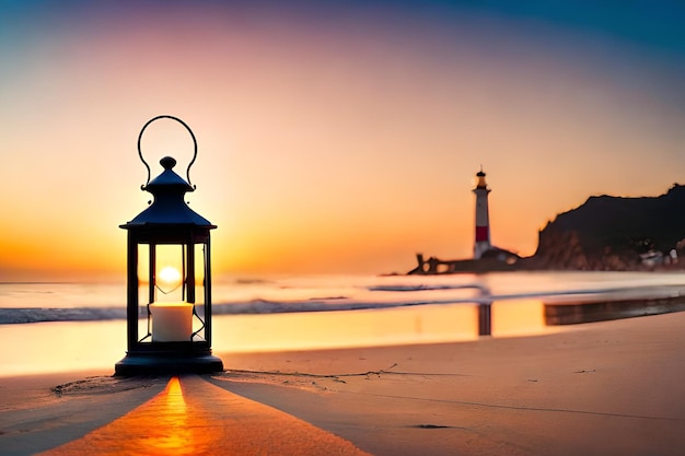 Een lantaarn op het strand bij zonsondergang met een vuurtoren op de achtergrond.