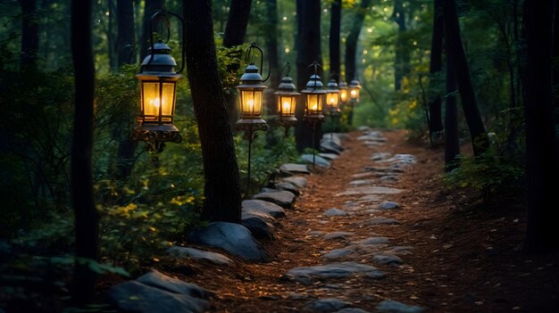 Een lantaarnverlichte weg door een bos in de schemering