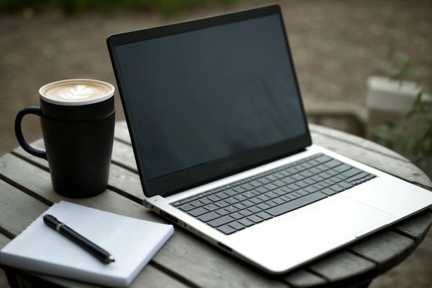 Een laptop en een kopje koffie op een houten tafel.