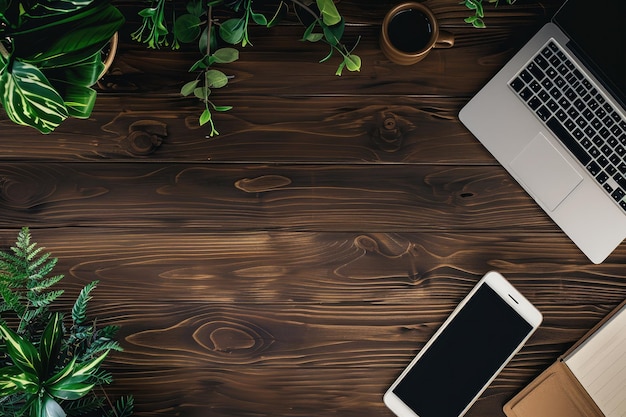 een laptop en een telefoon op een houten tafel met een plant op de achtergrond