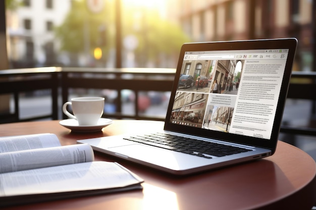 Foto een laptop geplaatst op een houten tafel klaar om te worden gebruikt voor werk of studie laptop en kranten op de tafel worden in een close-up gezien die een bedrijfsconcept illustreren ai gegenereerd