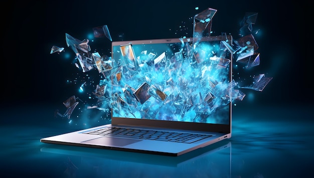 Een laptop met digitale code mysterieuze nachtelijke scènes licht azuur