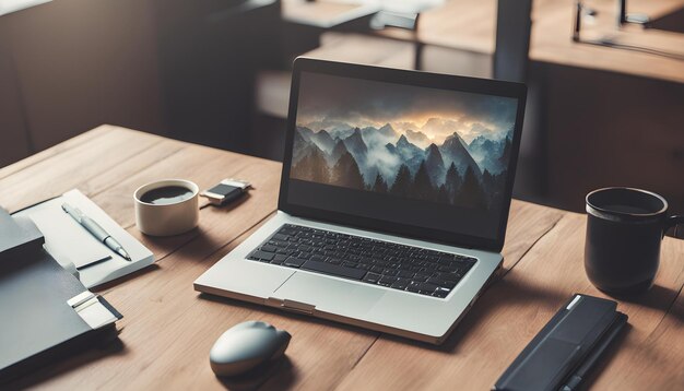 een laptop met een berglandschap op het scherm en een kop koffie op de tafel