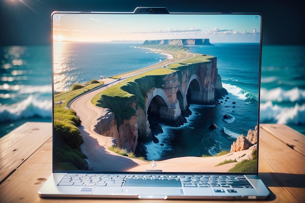 Een laptop met een groot scherm waarop 'macbook pro' staat.