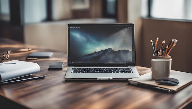 een laptop met een kop koffie en een kop koffie op een tafel