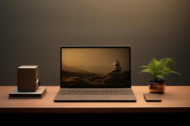 een laptop met een plant op het scherm en een potplant op de tafel.