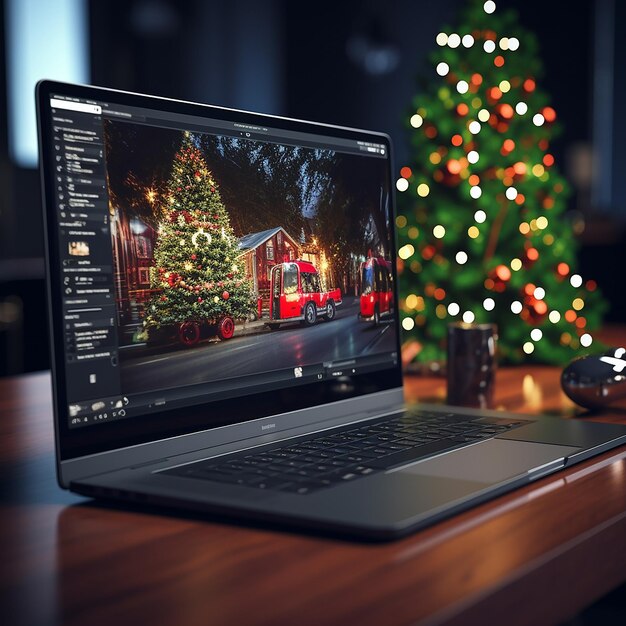 Een laptop met een zwart scherm op een bureau met een kerstboom