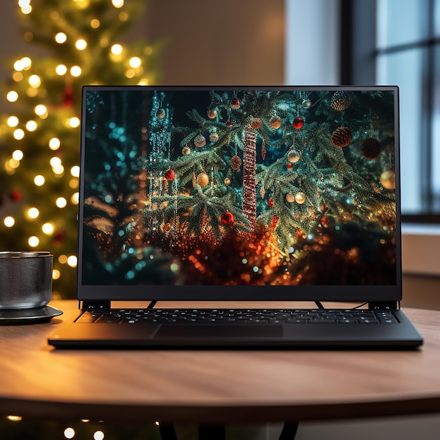 Een laptop met een zwart scherm op een bureau met een kerstboom