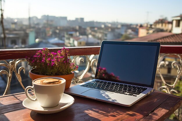 Foto een laptop op een balkonrail met uitzicht op stadsgebouwen en een koffiekop