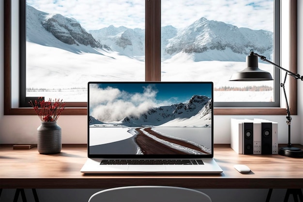 Foto een laptop op een bureau met een besneeuwde berg op de achtergrond