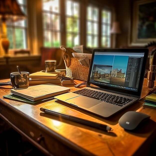 een laptop op een bureau met een foto van een stad op het scherm.