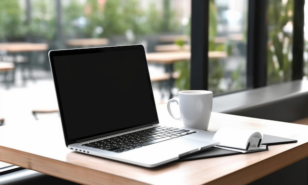 Een laptop op een bureau met een kopje koffie erop