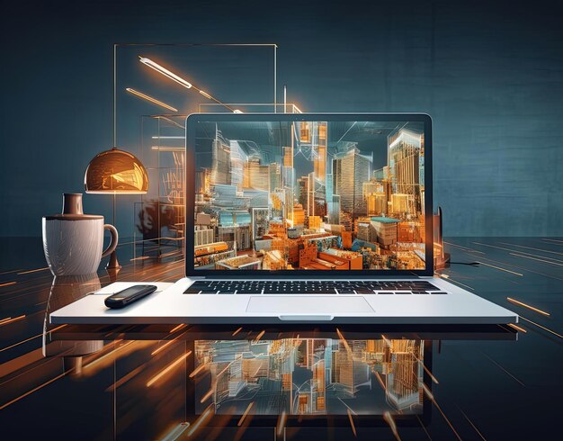 een laptop op een bureau met gebouwen en een stad in de stijl van hedendaagse abstracte geometrie