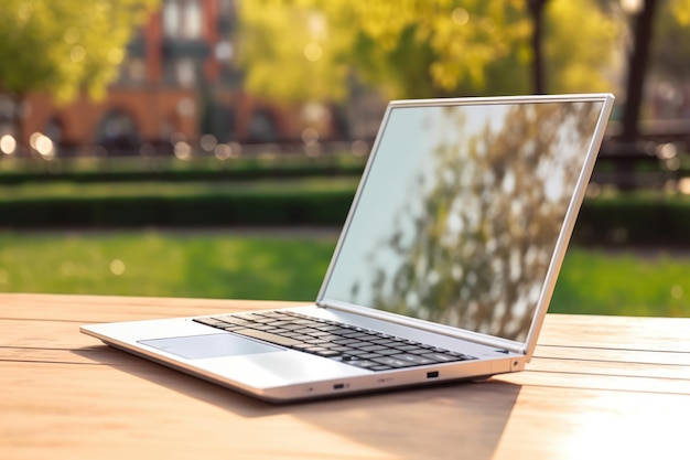 Een laptop op een houten tafel met een boom op de achtergrond.