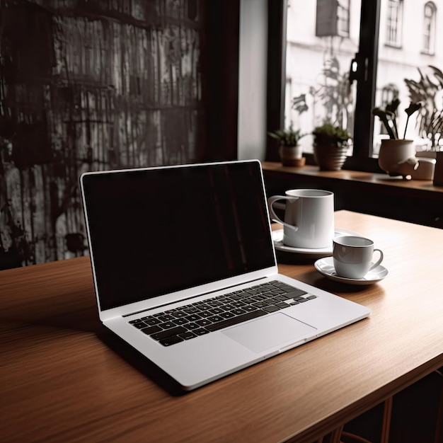 Een laptop op een houten tafel met een kopje koffie en een laptop erop.