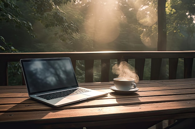 Een laptop op een tafel met een kopje koffie erop