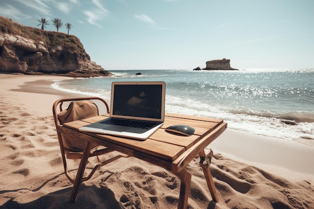 Een laptop op een tafel op een strand met een strand op de achtergrond.