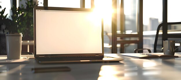 Foto een laptop scherm dat is uitgeschakeld en de zon schijnt op de tafel