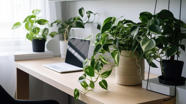 Een laptop staat op een bureau naast een plant op een vensterbank.