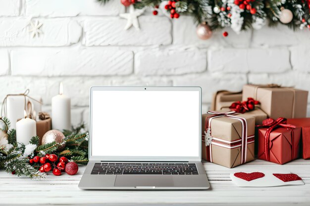 Een laptop staat op een witte tafel in de buurt van kerstversieringen