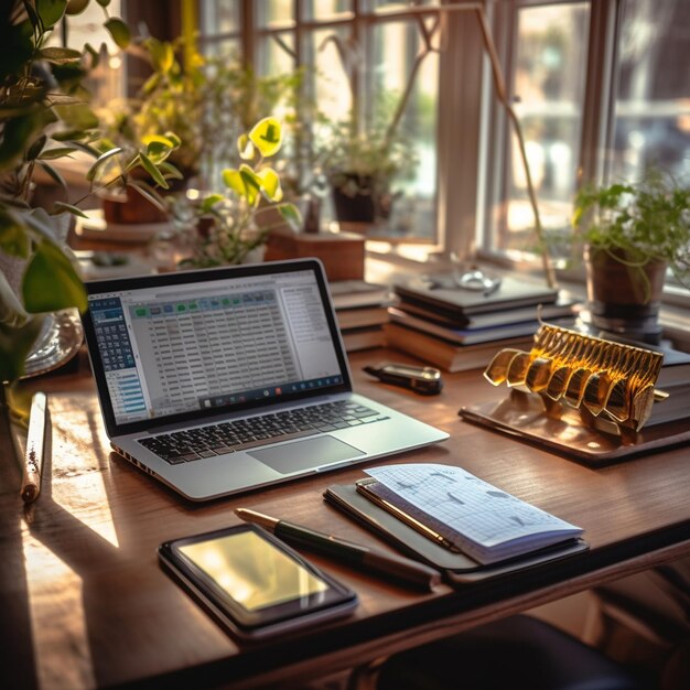 Een laptop staat open op een tafel met een plant op de achtergrond.