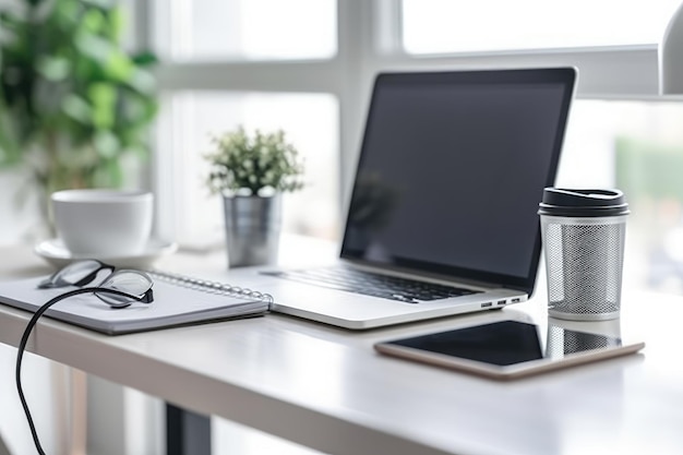 Een laptop wordt geplaatst op een houten bureau waardoor een functionele werkruimte wordt gecreëerd Georganiseerde en schone bureaublad met laptop en accessoires