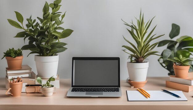 een laptop zit op een bureau met planten erop en een notepad op het scherm