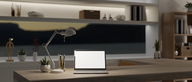 Een laptopmodel op een tafel in een moderne en luxe woonkamer