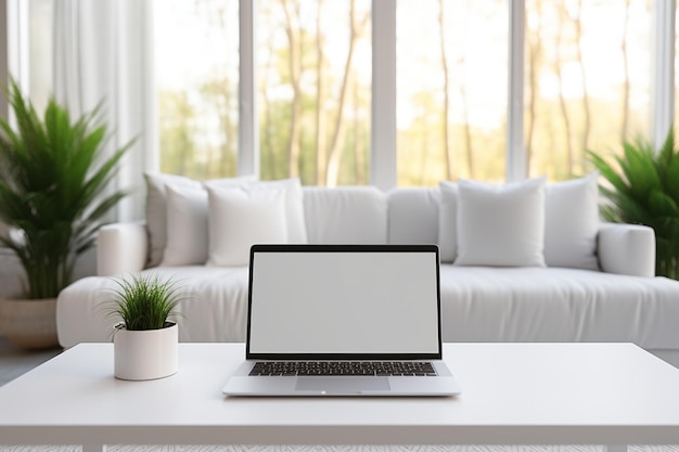 Een laptopmodel op een tafelblad met een wazige moderne witte woonkamer