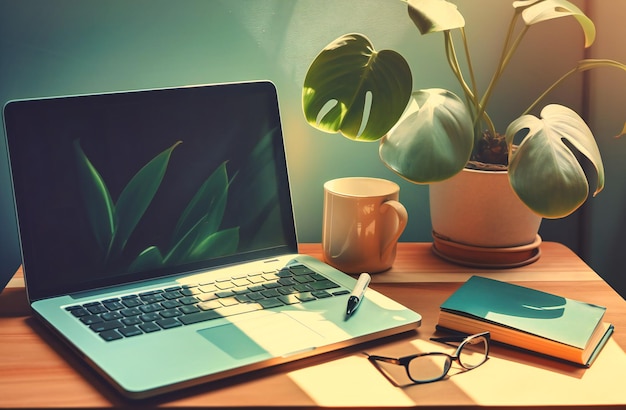 Een laptoptoetsenbord en een plant op een groen bureau