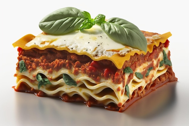 Een lasagne met een plakje lasagne erop