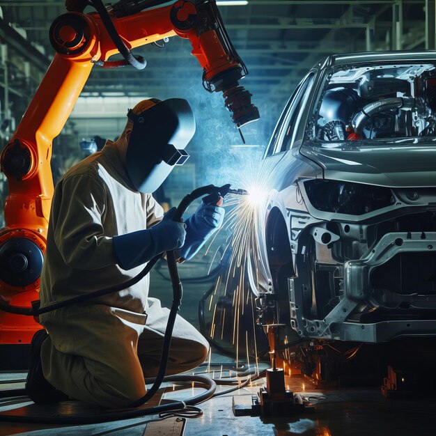 een lasser in een masker lust een onderdeel in een autofabriek