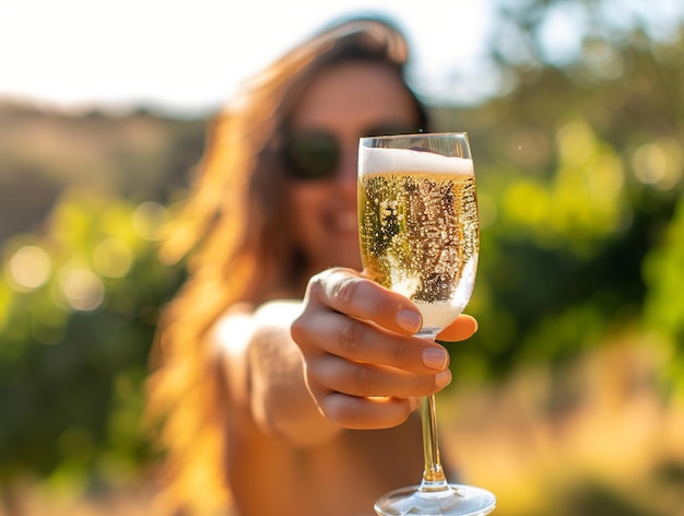 Een Latijnse vrouw houdt een glas champagne vast bij een wijngaard