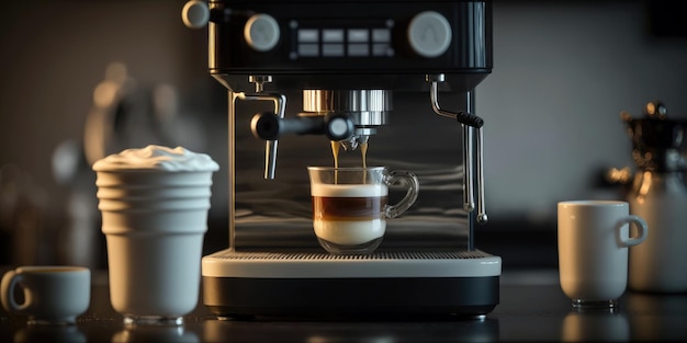 Een latte-espressomachine met een kopje koffie op de achtergrond.