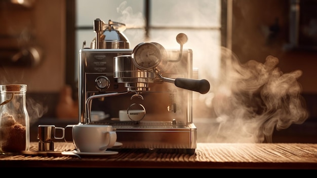 Een latte espressomachine met een kopje koffie op een tafel.