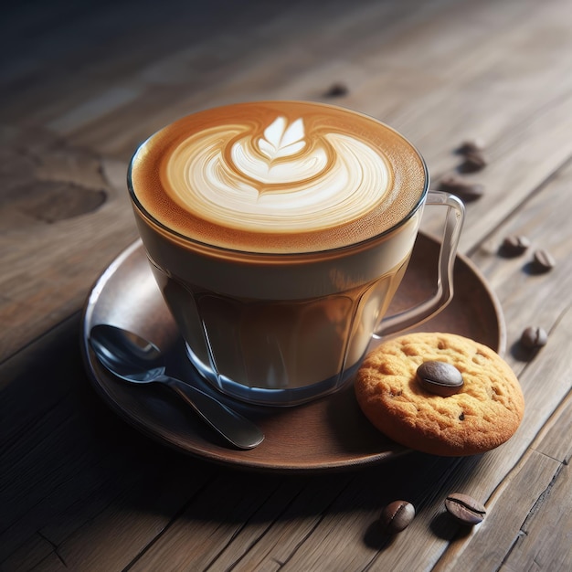 een latte op de houten tafel met een koekje er naast