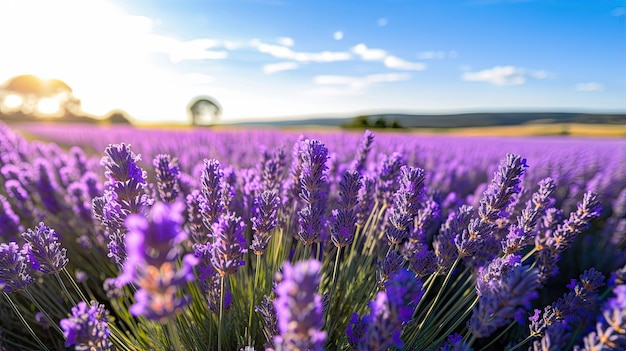 Een lavendelveld in volle bloei dat zich uitstrekt tot aan de horizon