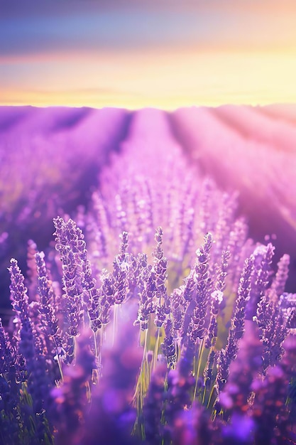 Een lavendelveld met een zonsondergang op de achtergrond