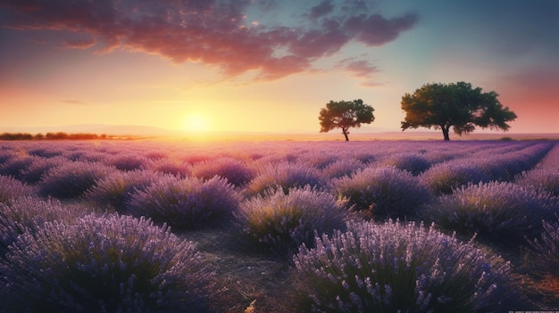 Een lavendelveld met een zonsondergang op de achtergrond