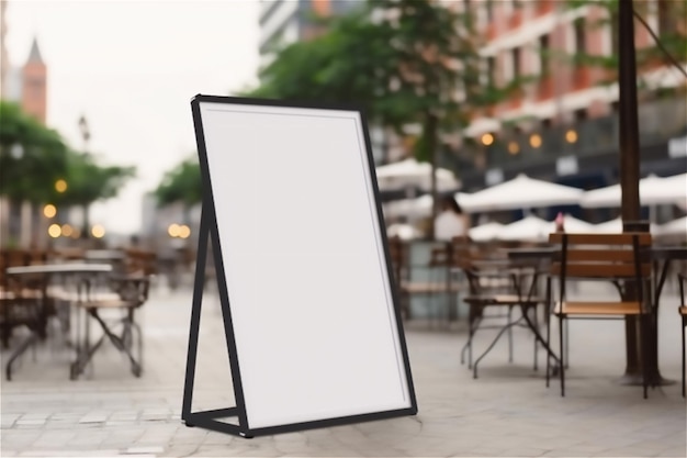 Een leeg Aframe-bord gepositioneerd spandoekaffichemodel voor promotie op de stoep buiten een café