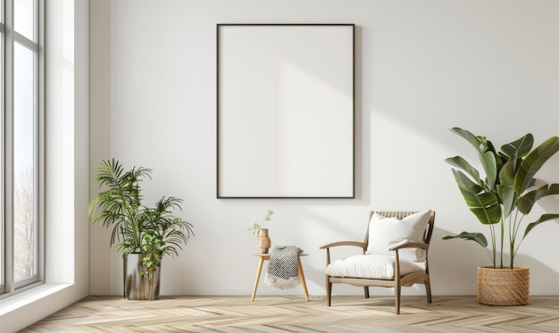 Een leeg beeldframe mockup op een witte muur in een minimalistische moderne interieurkamer