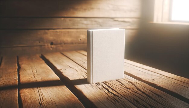 Een leeg boek dat rechtop staat op een houten tafel met warm zonlicht perfect voor een mockup Generatieve AI