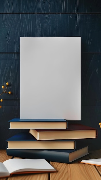 Een leeg doek rust op een stapel boeken tegen een donkere houten achtergrond
